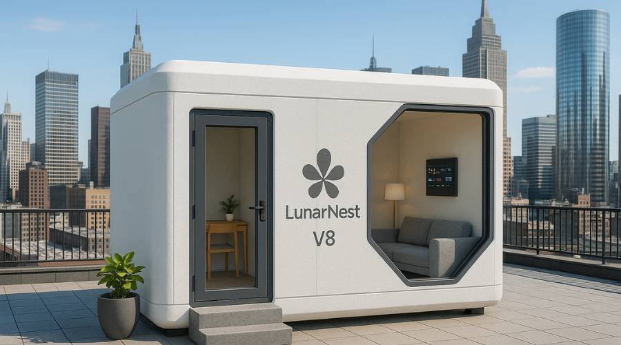 Modern tiny home on urban rooftop with skyline