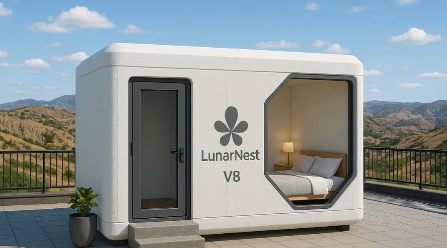 Modern tiny home on rooftop with mountain view.