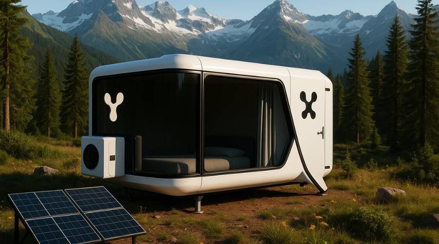 Modern tiny home with solar panels, mountain backdrop.