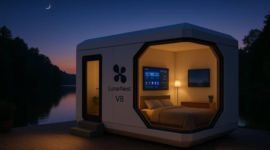Modern lakeside pod with interior view at dusk.
