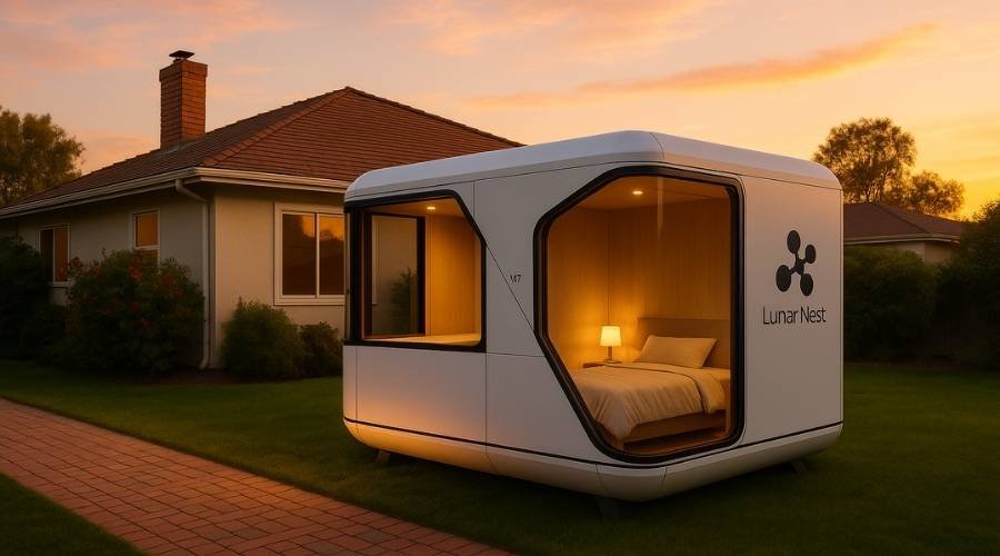 Modern mobile home beside traditional house at sunset.