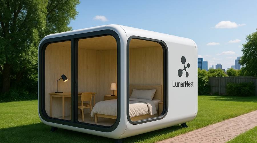 Modern micro home on grassy lawn