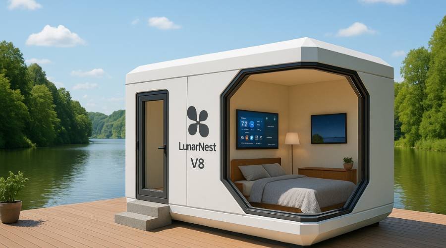 Modern floating tiny house on serene lake.