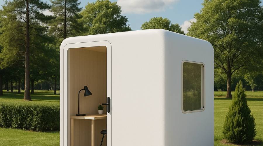 Outdoor modern office pod in green park setting.