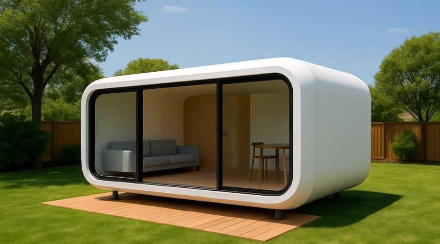 Modern tiny house with glass doors and lawn