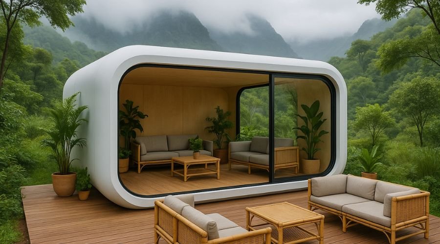 Modern cabin with large glass windows in forest.