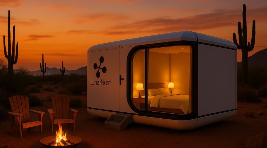 Desert cabin with fire and cacti at sunset.