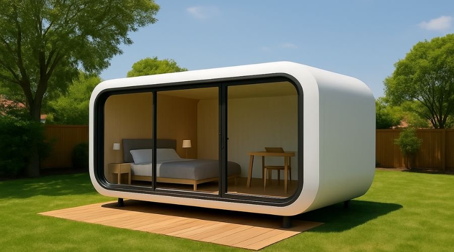 Modern prefab tiny house in grassy backyard.