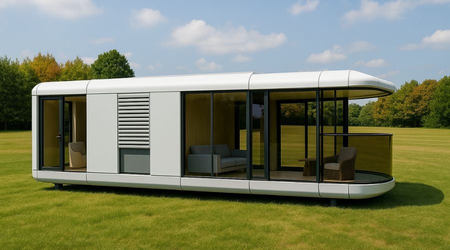 Modern glass-walled modular home on grassy field.