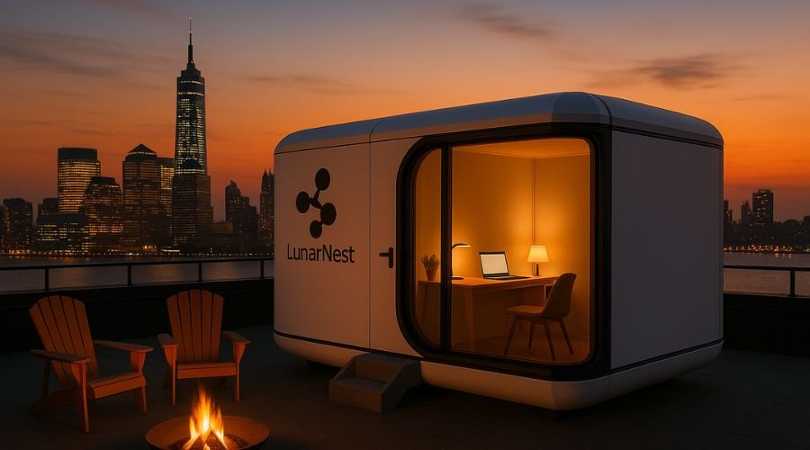Modern office pod with cityscape view at sunset.