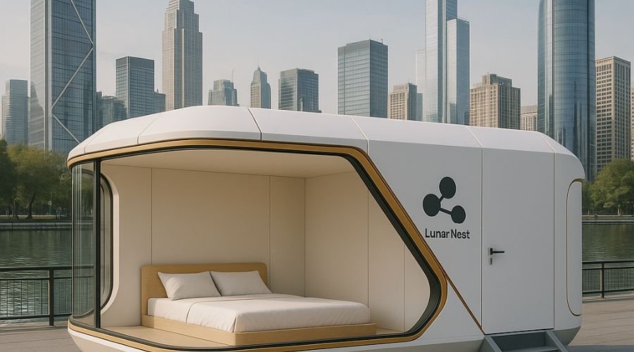 Futuristic pod with city skyline backdrop.