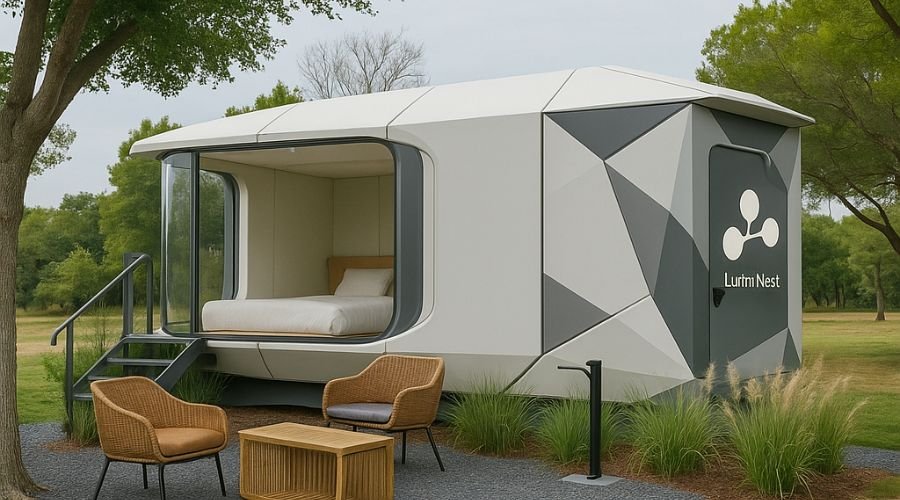 Modern tiny house with outdoor seating area.