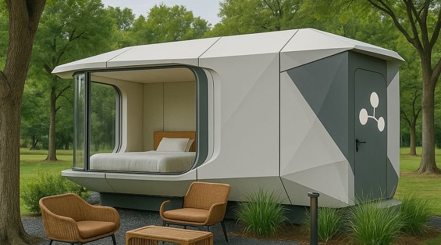 Futuristic tiny house with large window in nature.