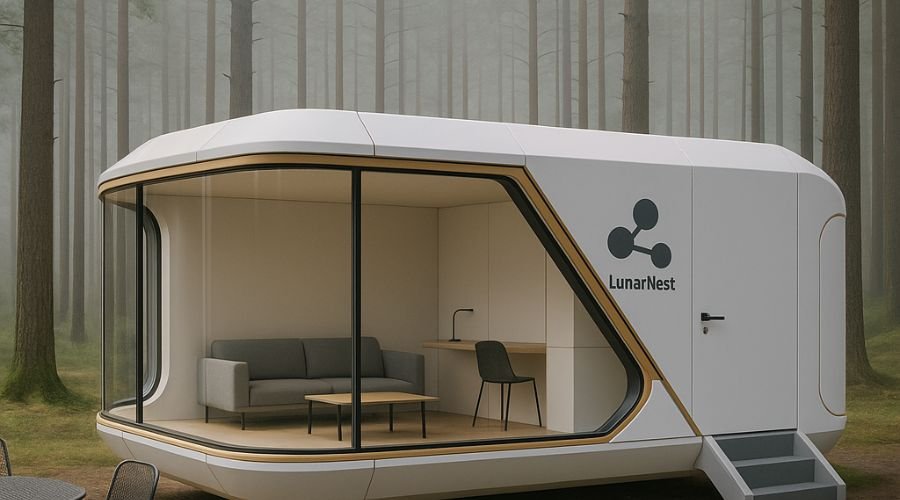 Modern portable cabin in forest setting