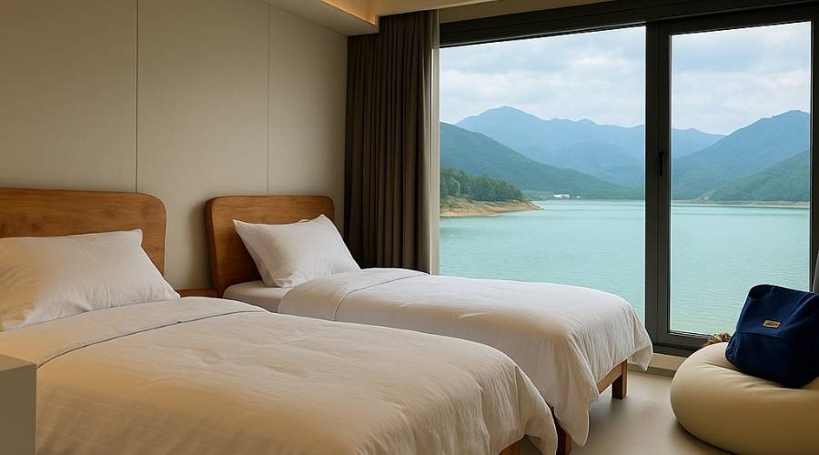 Two beds in room with lake and mountain view.