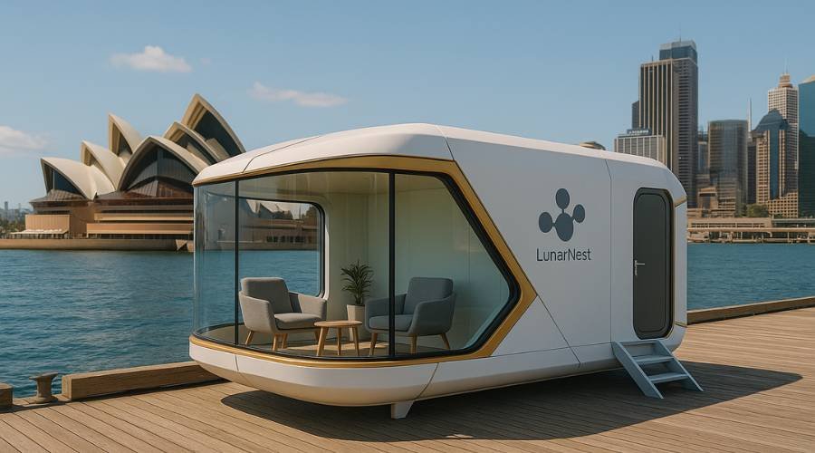 Futuristic pod hotel near Sydney Opera House waterfront.
