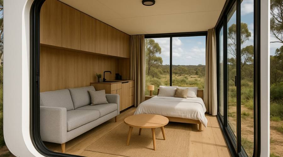 Modern tiny house interior with nature view.