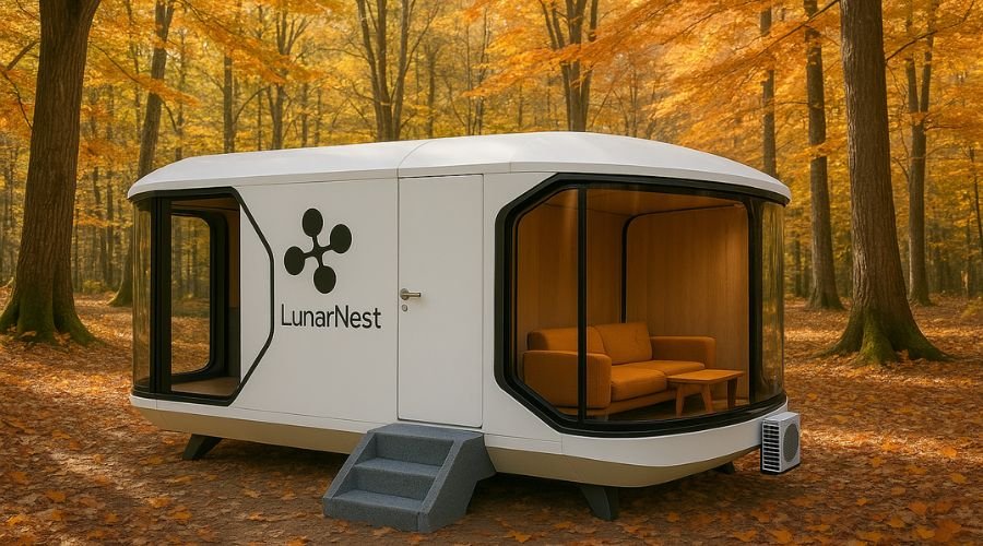 Modern tiny cabin in autumn forest