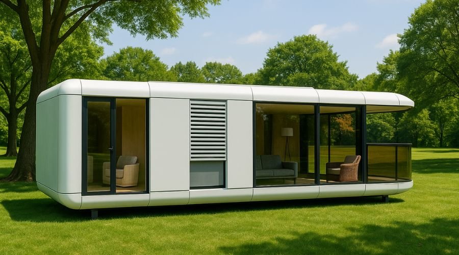 Modern modular home on green lawn