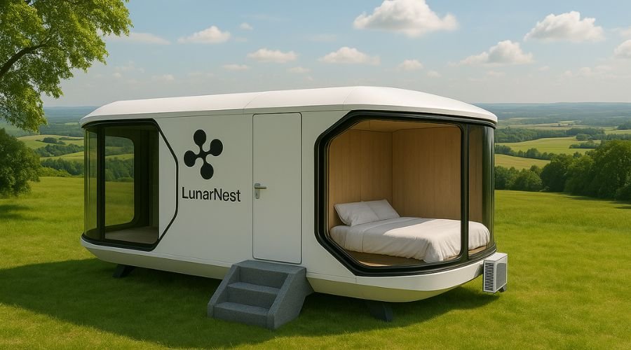 Futuristic pod home with scenic countryside view.