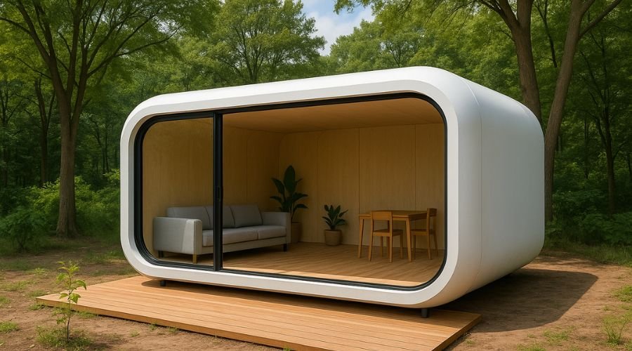 Futuristic tiny home in forest setting