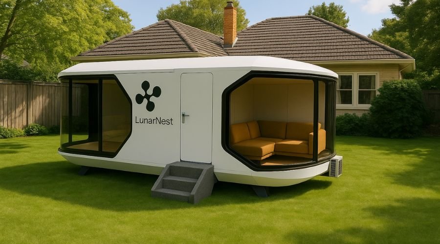 Modern tiny home in yard with green lawn