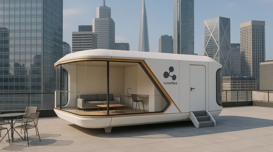 Modern modular home on urban rooftop terrace.