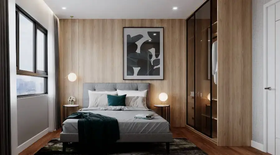 Modern bedroom with wooden walls and stylish decor.