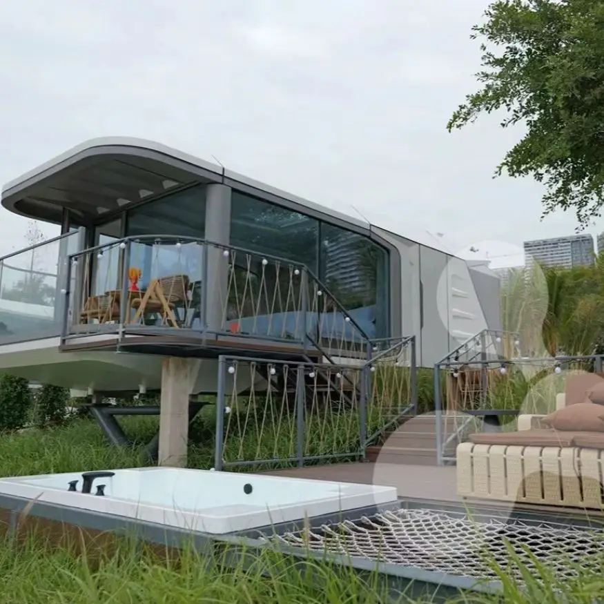 Modern elevated house with deck and jacuzzi.