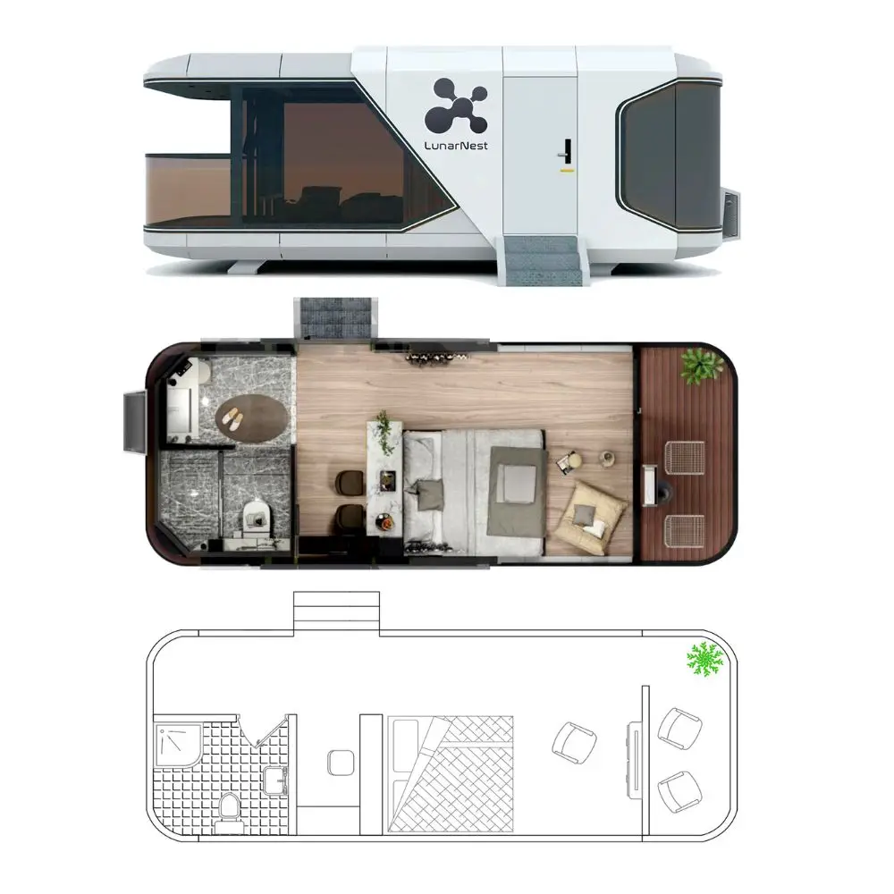 Modern modular home exterior and interior layout.