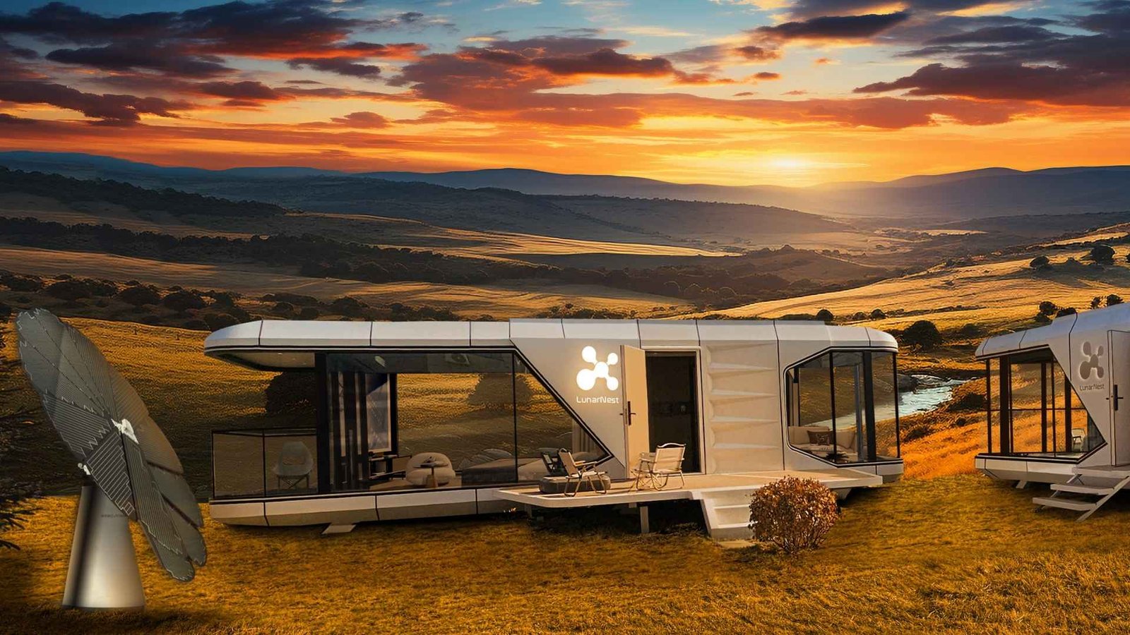 Modern modular homes at sunset on open landscape.