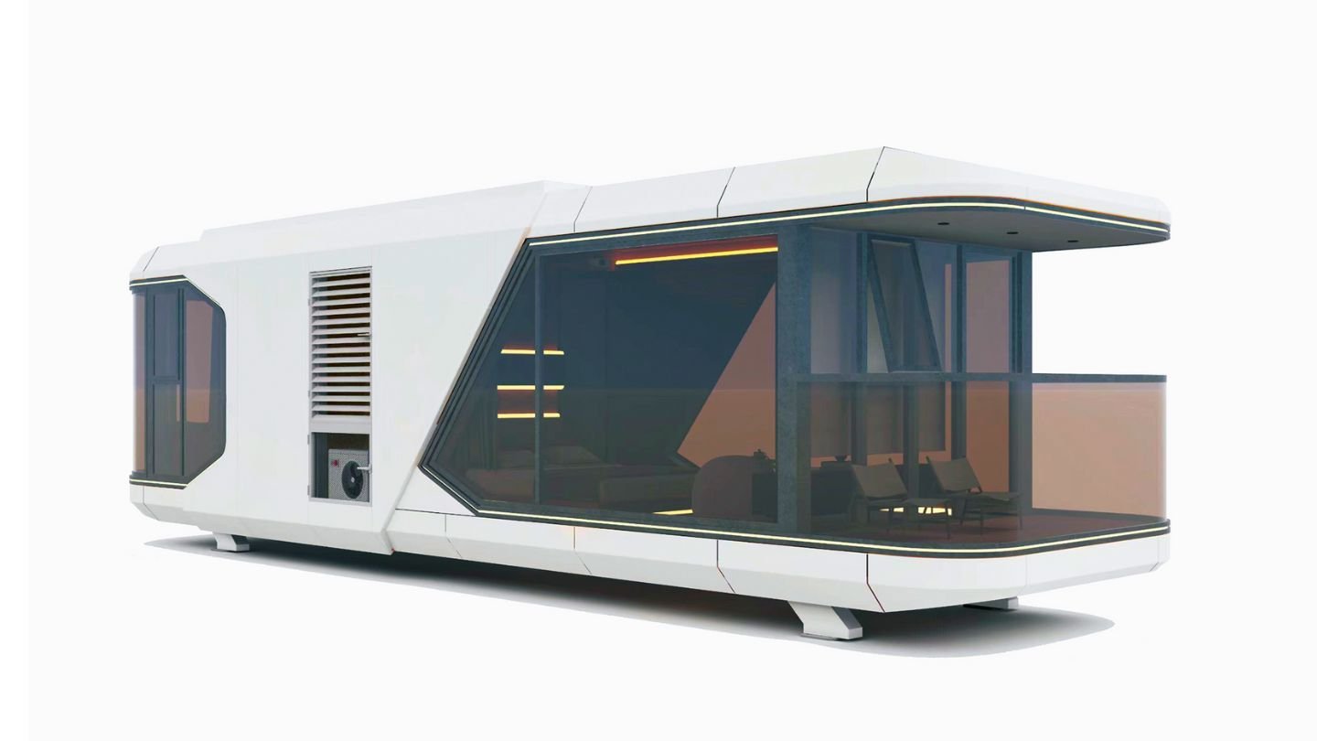 Modern modular home exterior with large windows