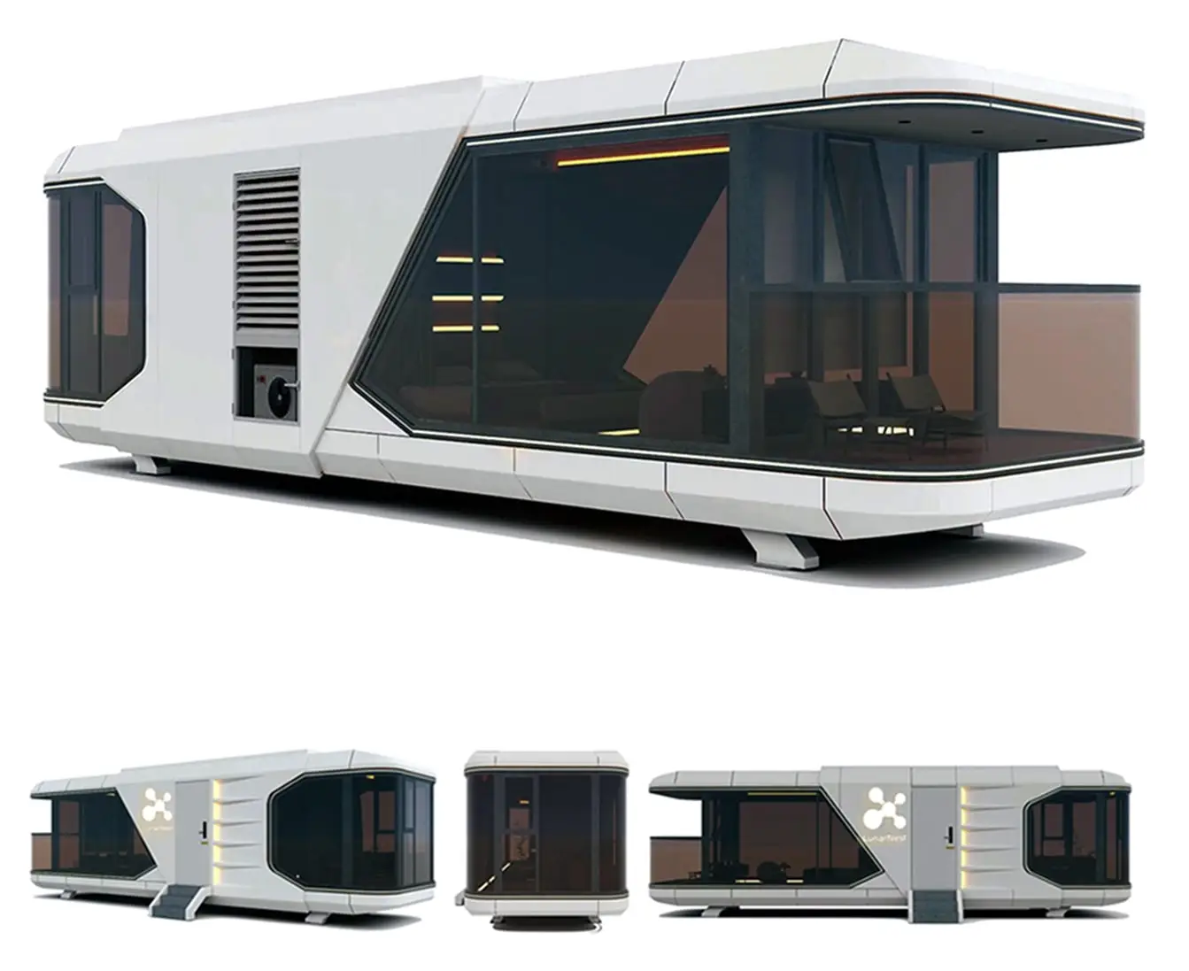 Futuristic mobile home with large windows.