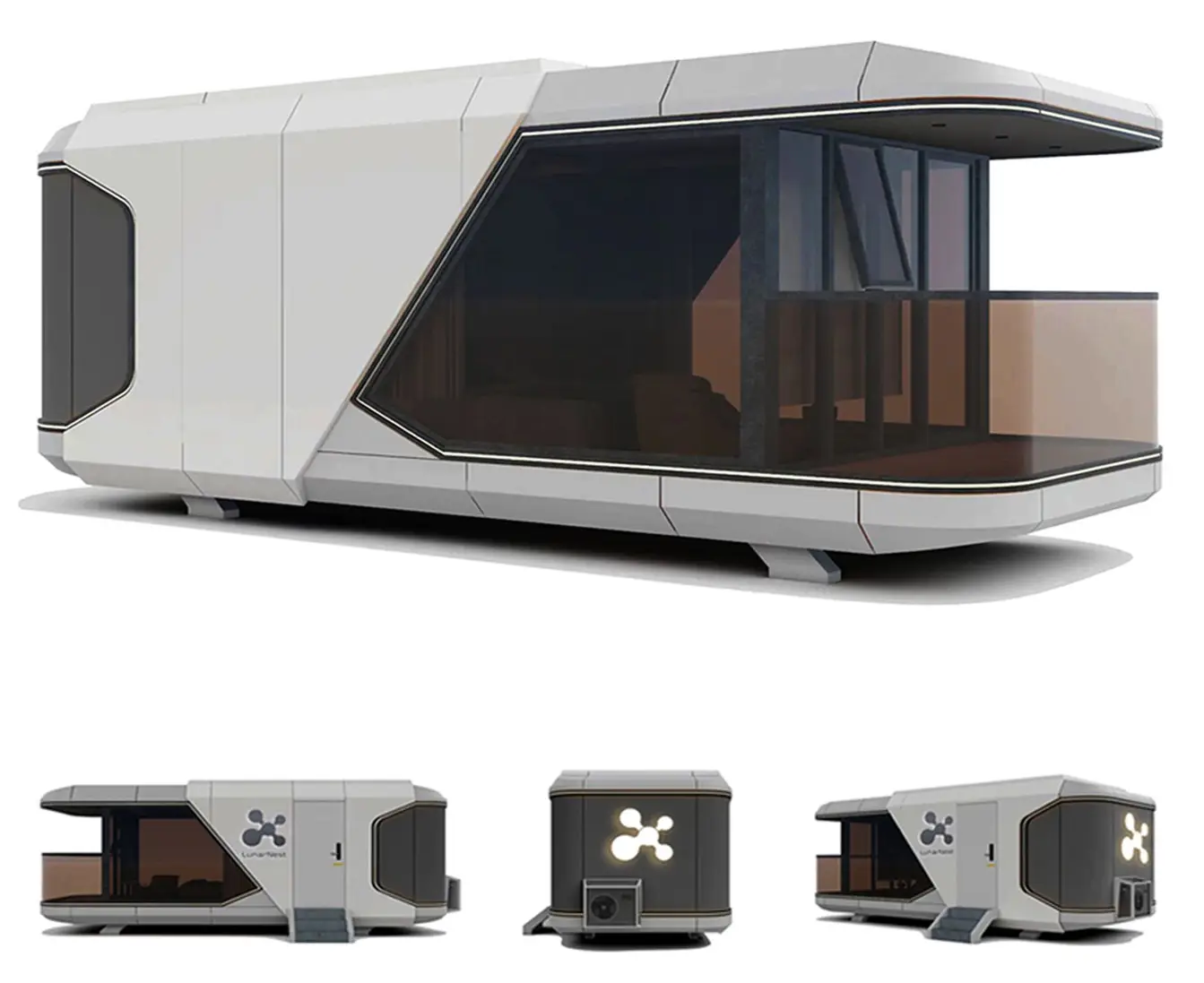 Futuristic modular house design with glass and metal exterior.