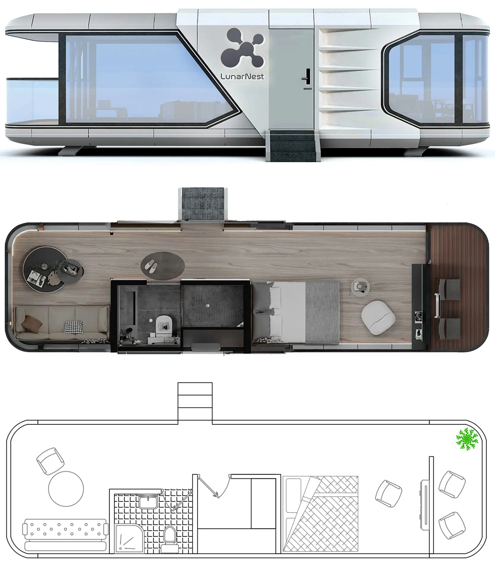 LunarNest modular home exterior and floor plan designs.