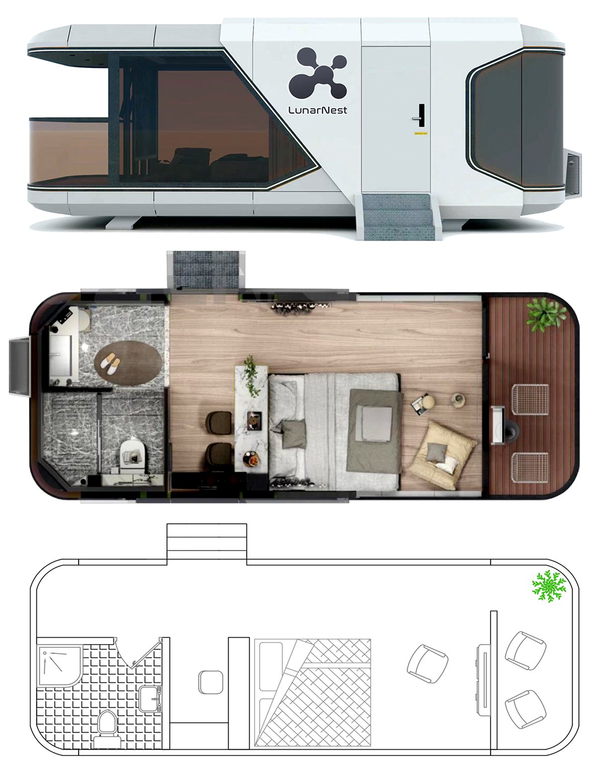 Modern modular home design and floor plan layout.