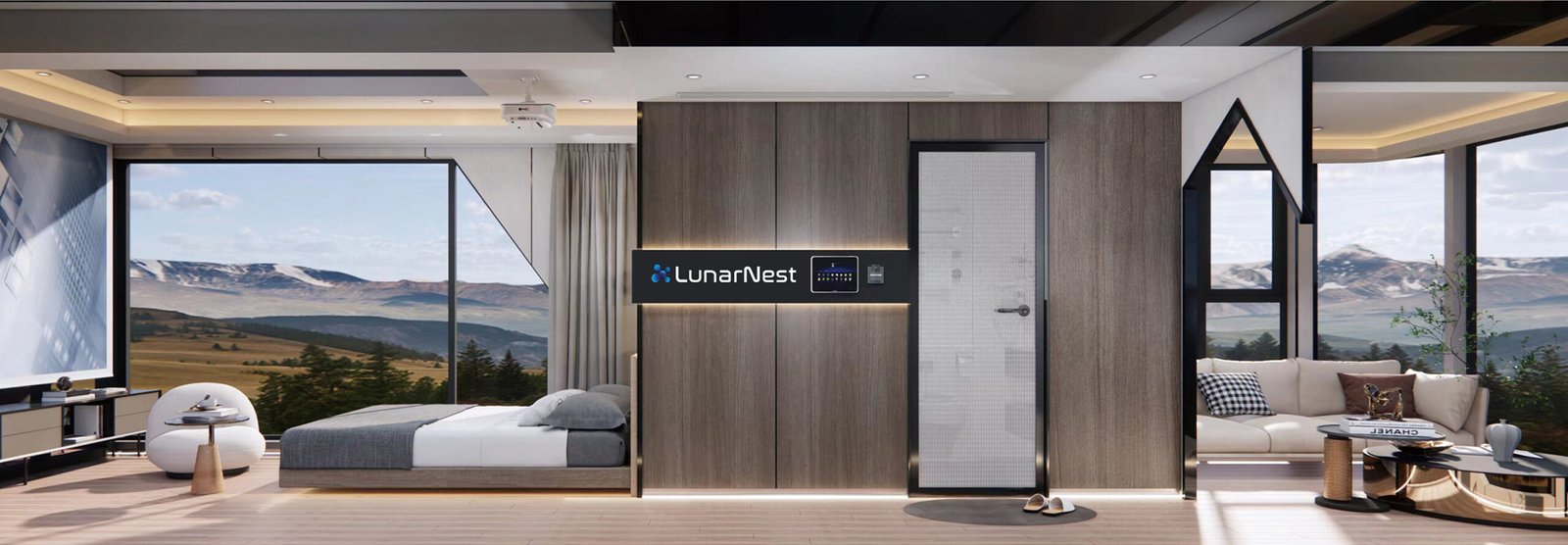 Modern bedroom with scenic mountain view