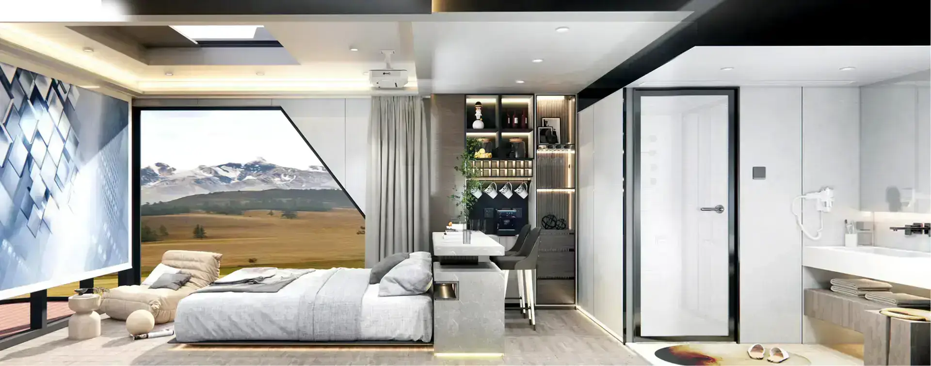 Modern bedroom with mountain view window.