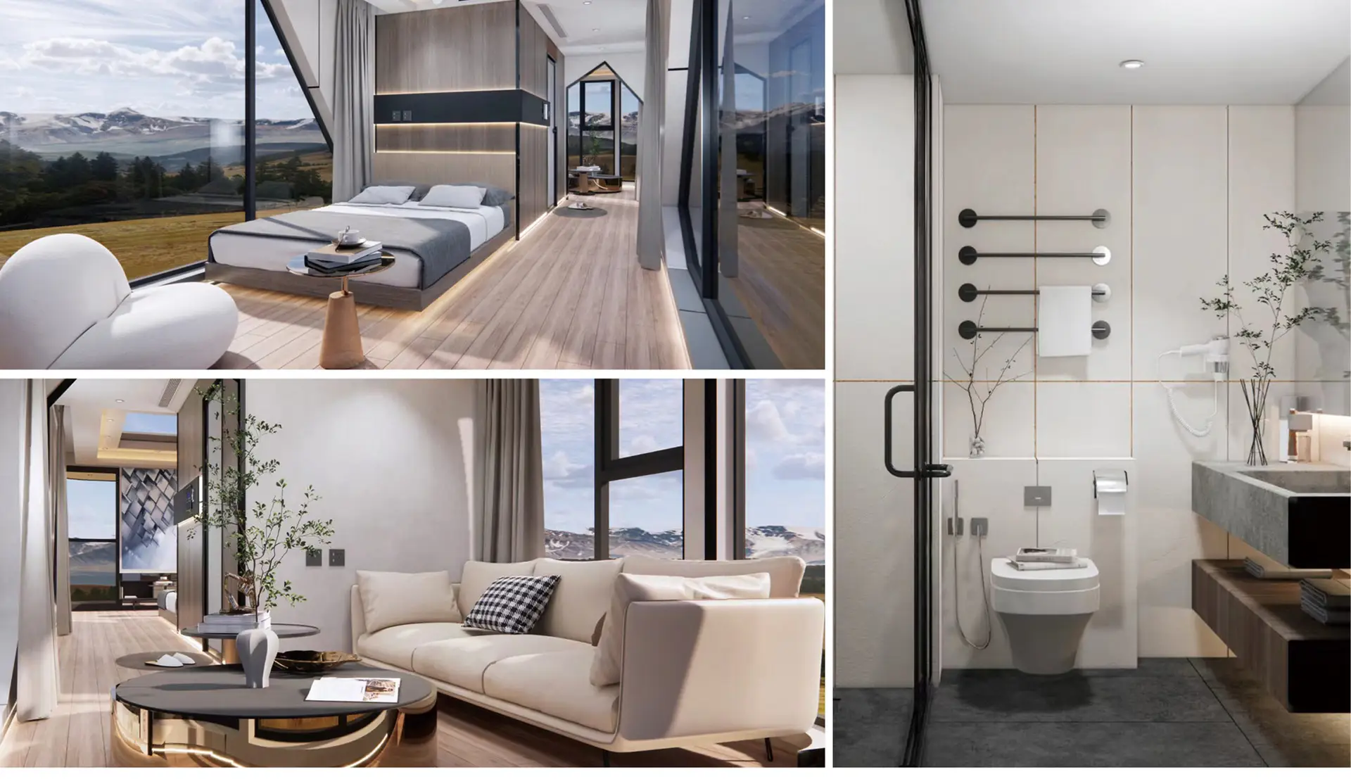 Modern luxury bedroom, living area, and bathroom design.