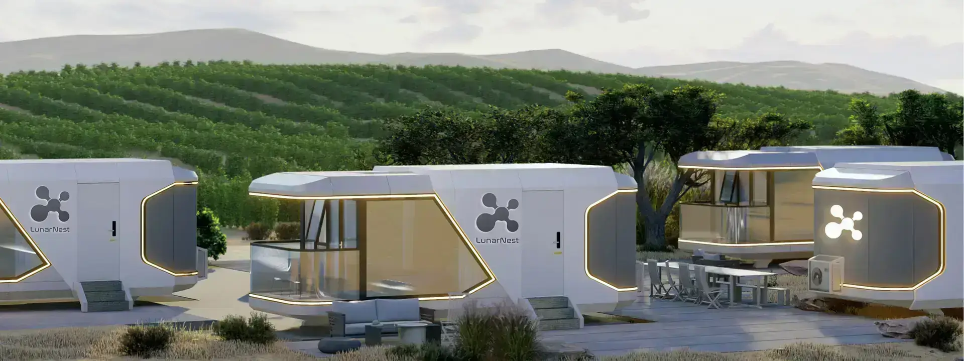 Modern modular homes in scenic landscape