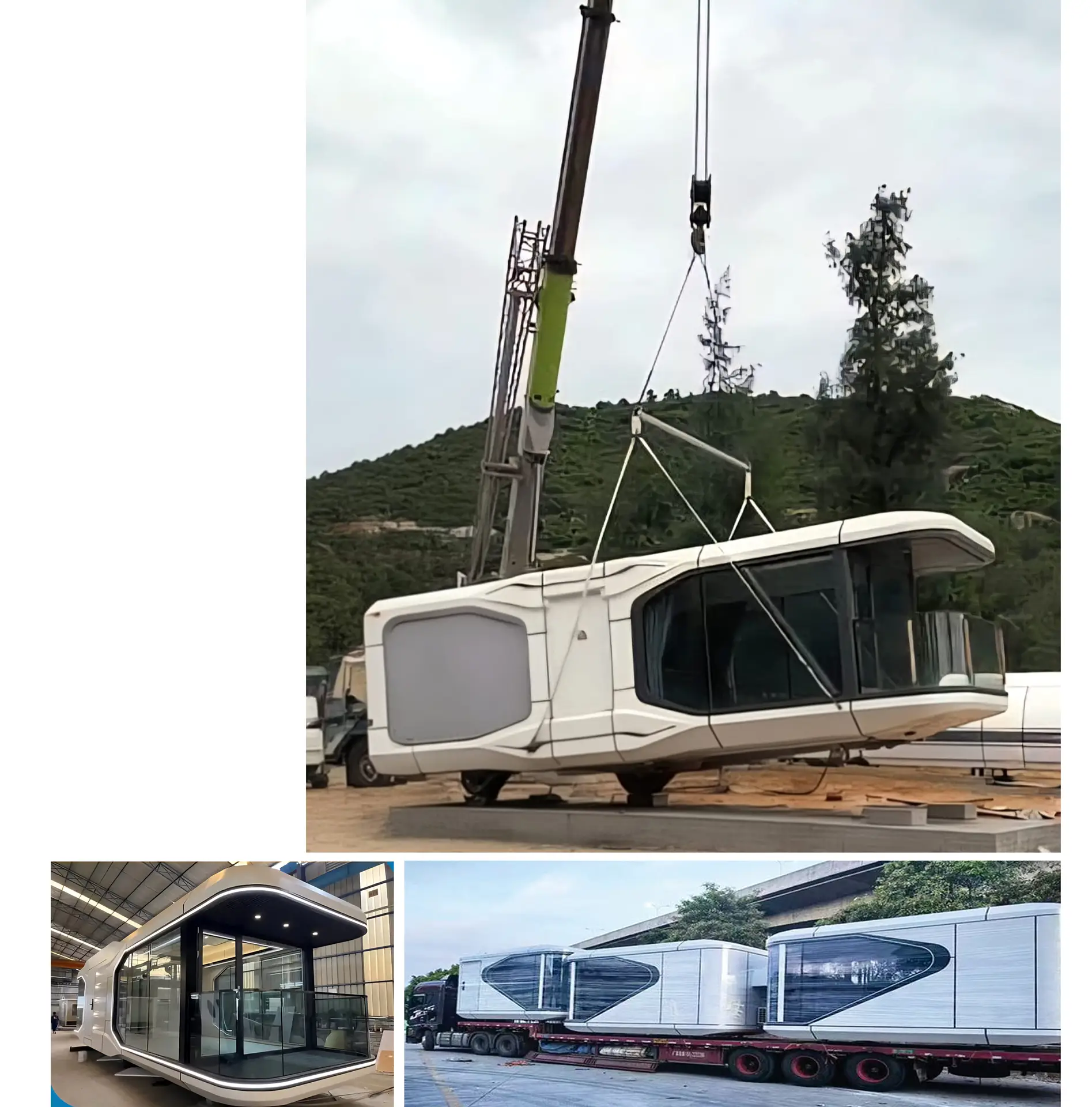 Modern modular homes being lifted and transported.