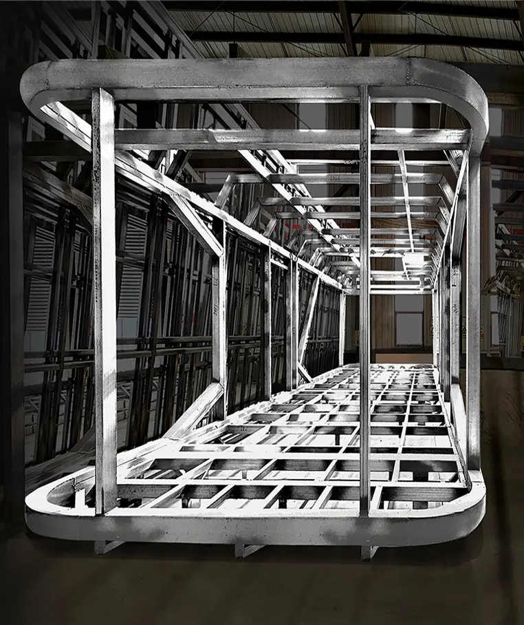 Metal framework structure in construction warehouse.