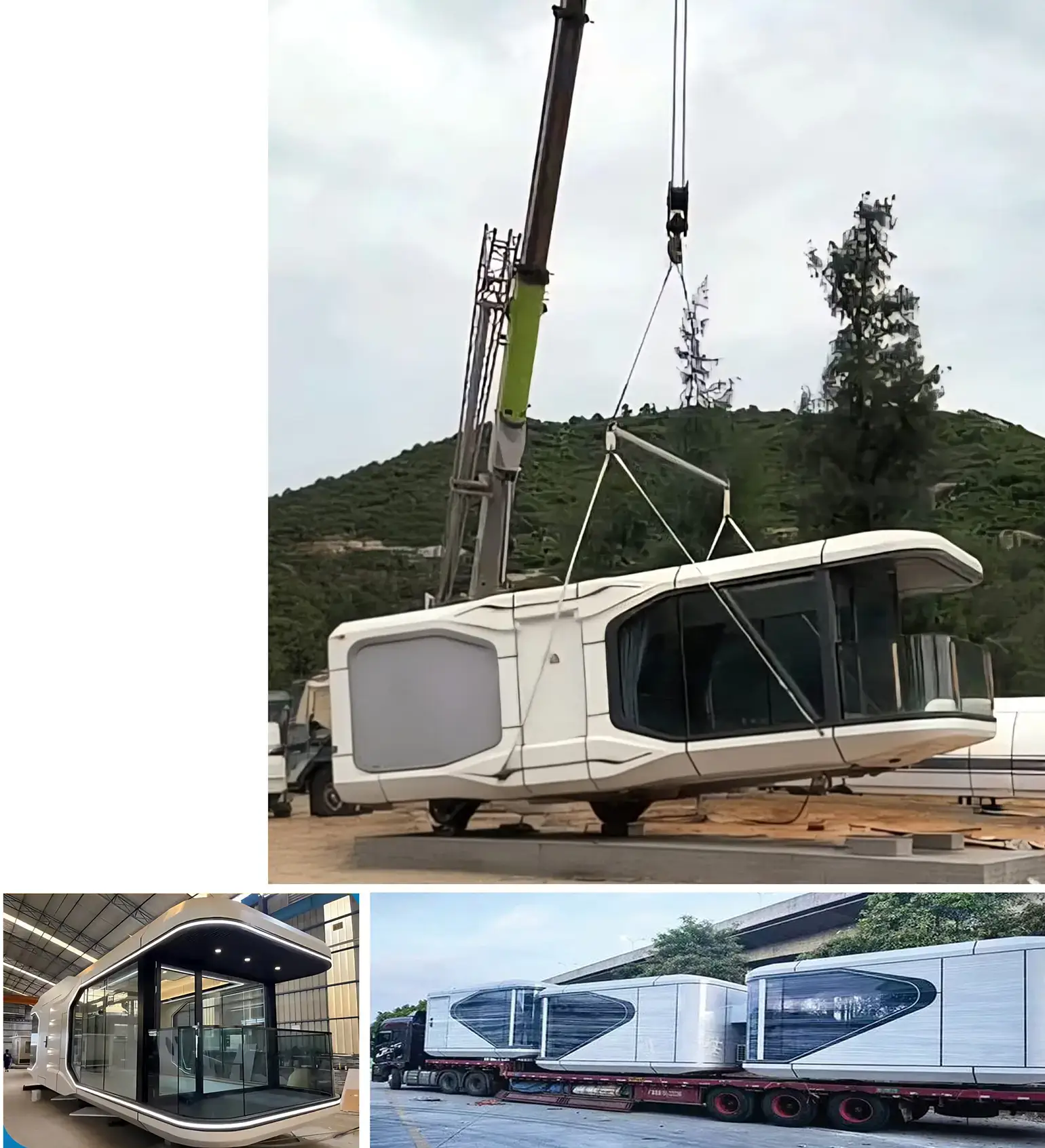 Modern prefab homes being transported and installed.