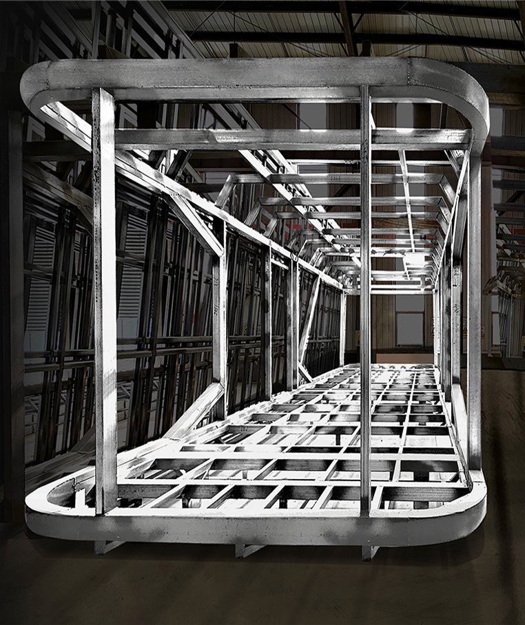 Metal framework of a transport structure in warehouse.