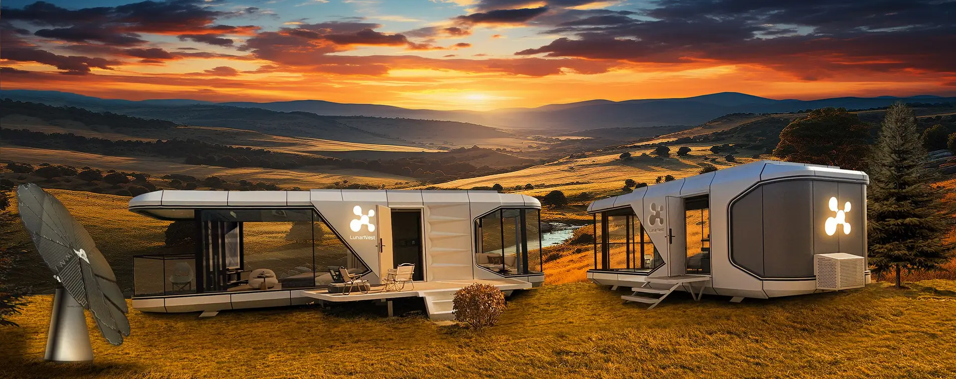 Modern modular homes in picturesque sunset landscape