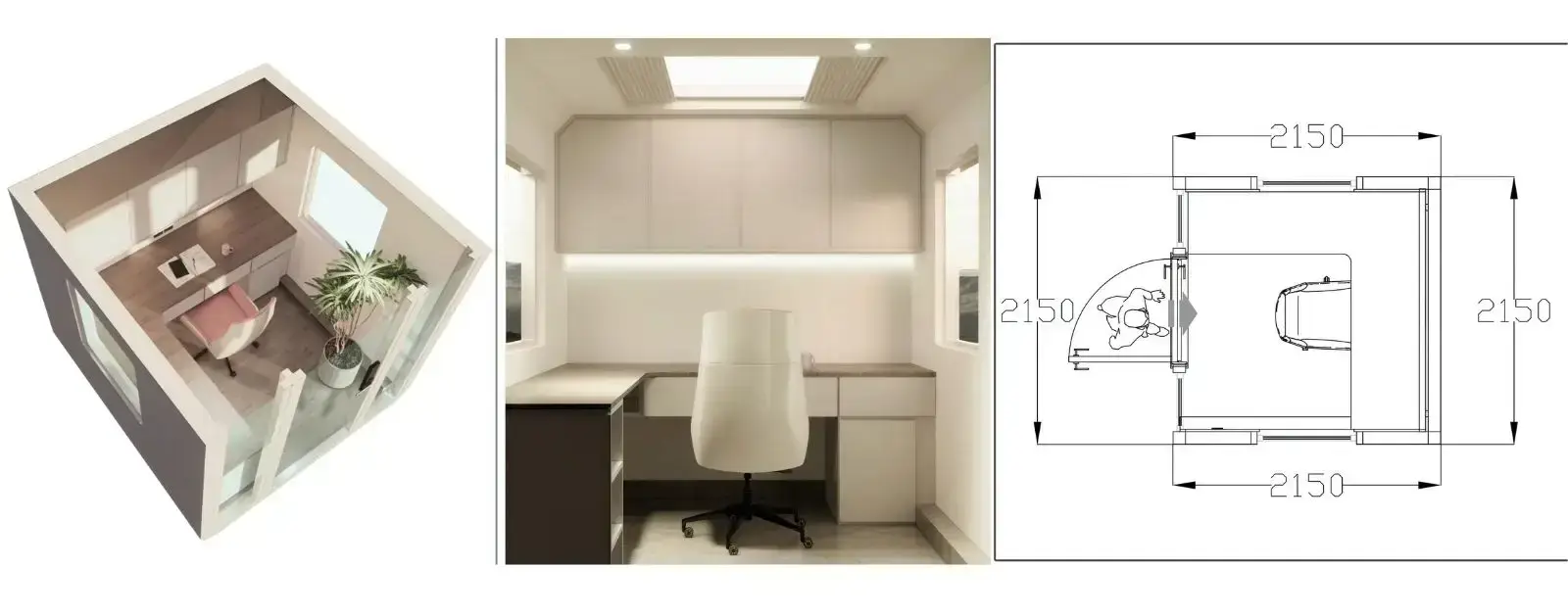 Compact home office designs with dimensions and layout.