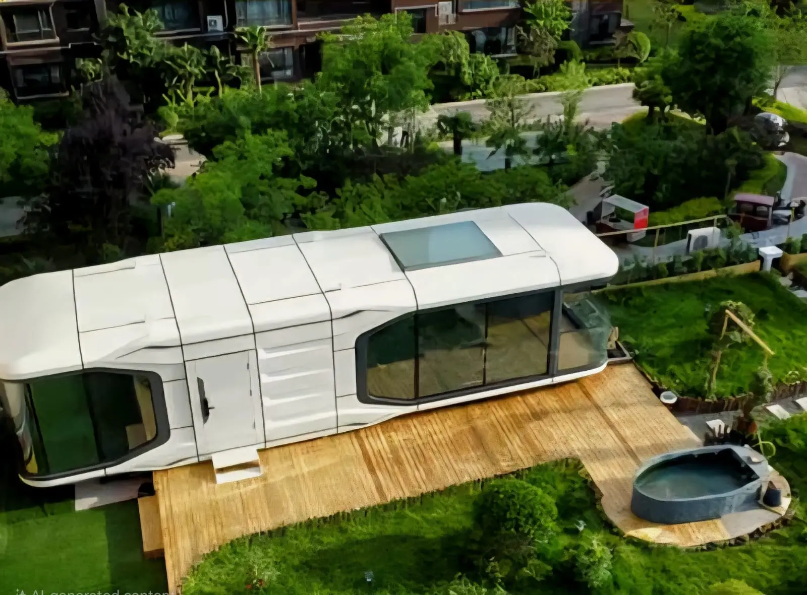 Modern tiny home with garden and patio.