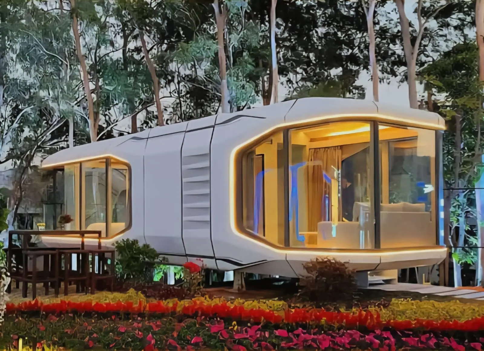 Futuristic pod house in colorful garden setting.