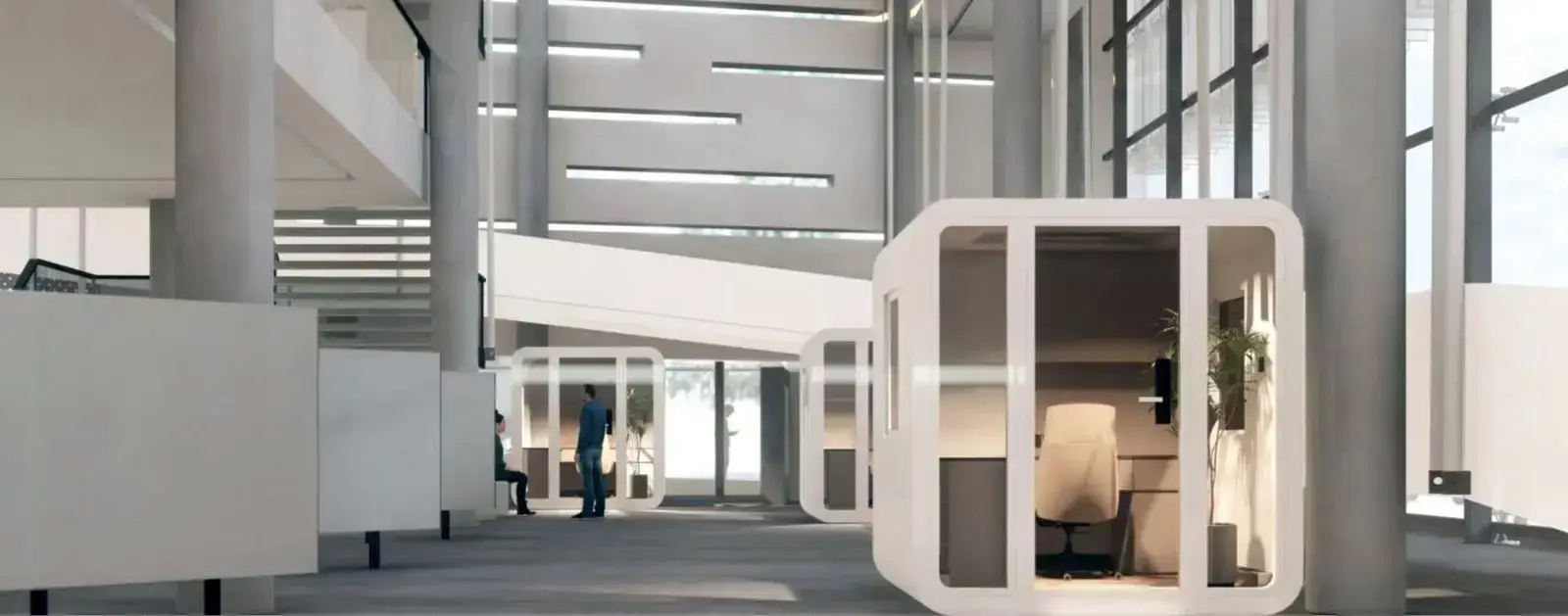 Modern office interior with private pods and seating.