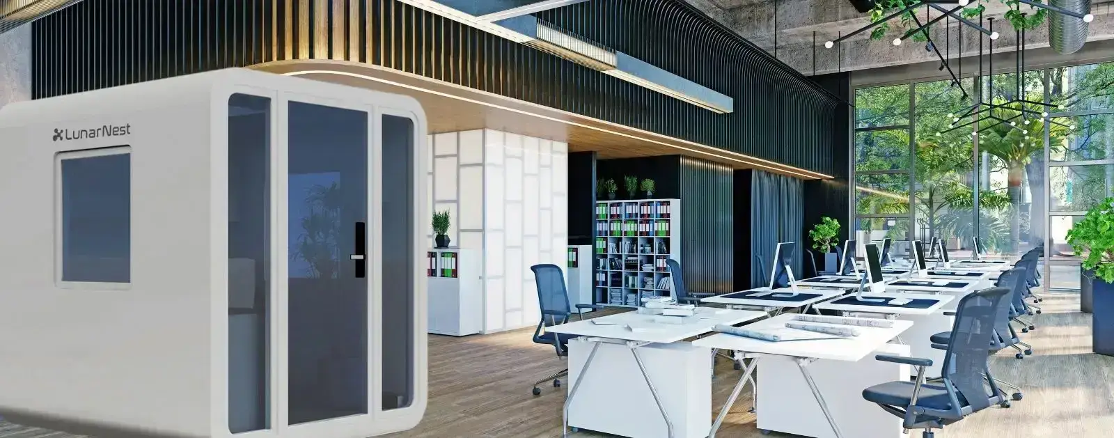 Modern office with private pod and spacious workstations.